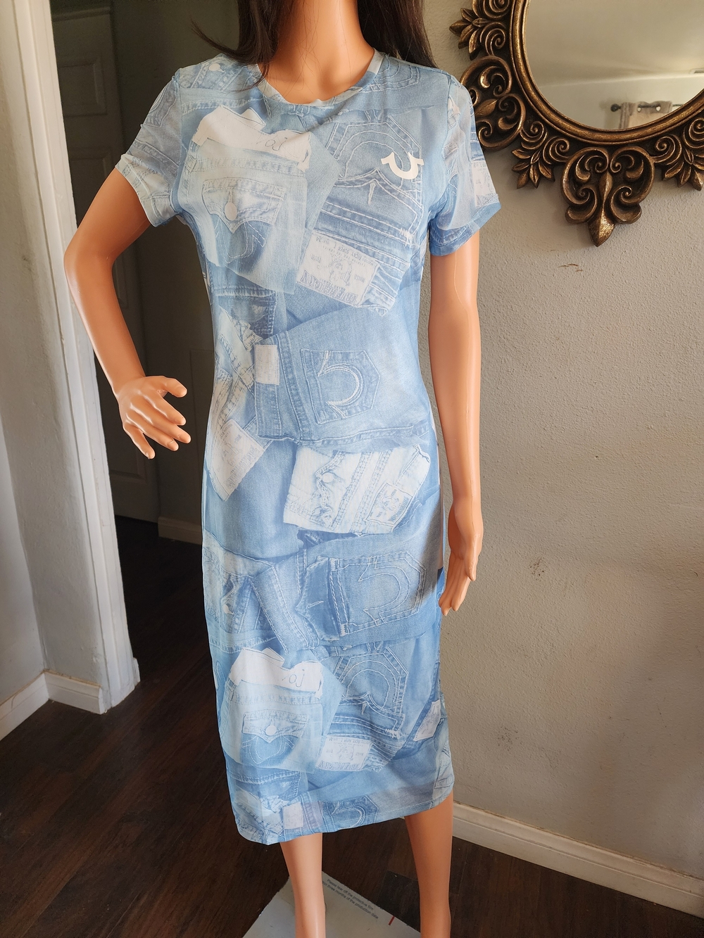 True Religion Light Blue Denim-Print Short Sleeve Midi Dress